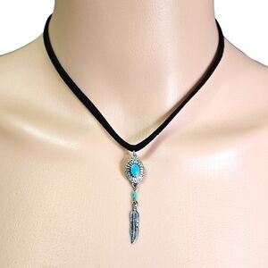 Black Suede Choker Necklace Turquoise Bead & Silver Feather Charm Boho Western